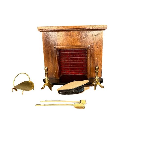 Vintage Miniature Corner Wooden Fireplace Dollhouse Metal Andirons Wood Bellow - Picture 1 of 13